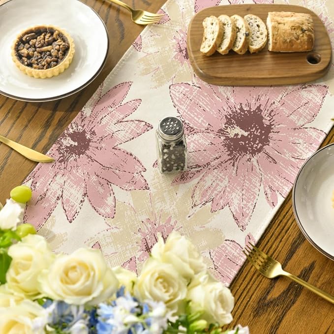 Artoid Mode Pink Retro Daisy Spring Table Runner, Seasonal Vintage Kitchen Dining Table Decoration for Home Party Decor 13x72 Inch