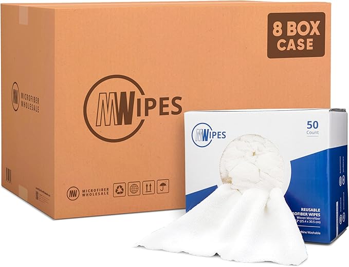 Microfiber Rags in A Box (400 Count) - Mwipes - 10" x 12" Reusable Wipes for Cleaning - Edgeless Terry Towels, Shop Rags, Wash, Dust, Disposable, House, Small Cleaning Cloths (White)
