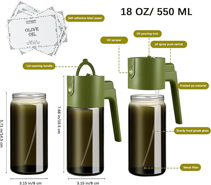 Glass 2 In 1 Olive Oil Dispenser Bottle for Kitchen Gadgets, Olive Oil Sprayer for Cooking 17oz/500ml (Light Blockage, Green)