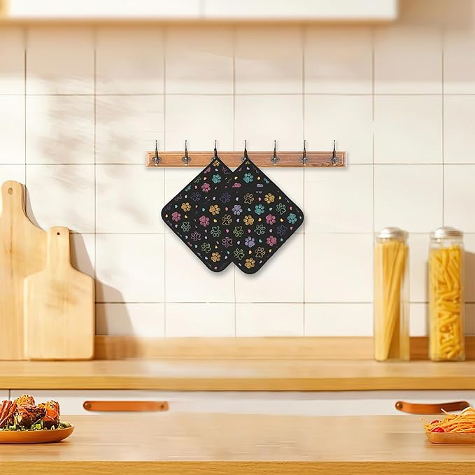 Doodle Paw Print Pot Holder Set of 2,Kitchen Heat Resistant Potholder for Women Men BBQ Cooking Baking