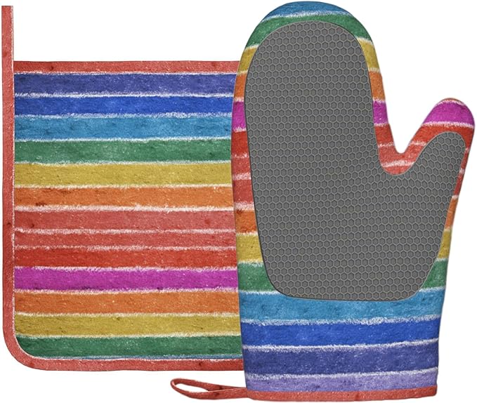 Colorful Graffiti Oven Mitts and Pot Holders Sets Rainbow Silicone Heat Resistant Kitchen Oven Gloves Pot Holder for Cooking Baking Grilling BBQ