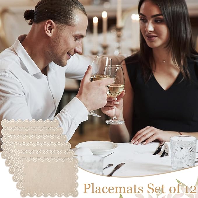 Linen Placemats Set of 12 Scalloped Placemat 13 X19 Wavy Embroidery Double Layered Washable Farmhouse Dinner Fabric Table Mat Napkin for Wedding Party Christmas Hotel Restaurant(Cream)