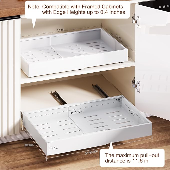 Pull out Cabinet Organizer,Extendable (12"-20") Heavy-Duty Pull-Out Drawers – Secured with Nano Adhesive Tape, Ideal for Cookware Storage, for Kitchen Base Cabinets (21" Dx12-20" W(1 Pack))
