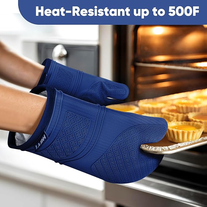Silicone Oven Mitts, Heat Resistant Oven Gloves with Quilted Liner, Waterproof & Non-Slip Kitchen Mittens for Baking Cooking BBQ, 500°F, 12.5"-Madnight Blue