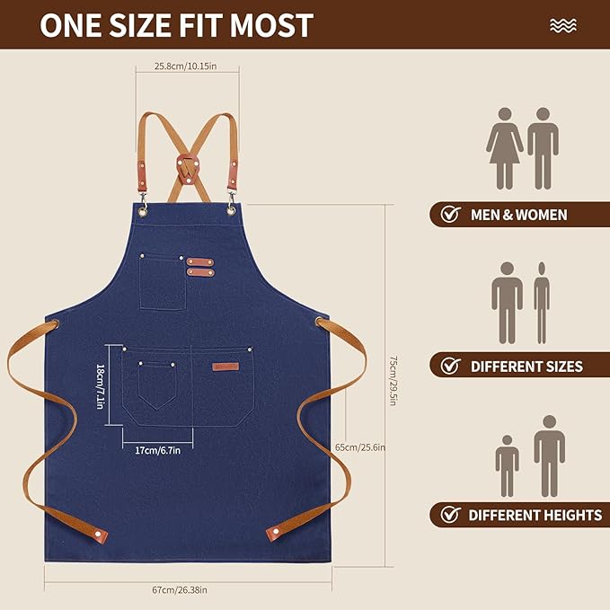 Chef Aprons for Men Women with 4 Large Pockets, Cotton Canvas Cross Back Adjustable Apron for Work grilling kitchen gardening