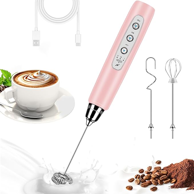 BSRGMS Milk Frother Handheld for Coffee, Electric Whisk 3 Speed Adjustable, Drink Mixer with Stainless 3 Whisks, Rechargeable Hand Frother Wand, Foam Maker for Latte Cappuccino Hot Chocolate Egg Pink