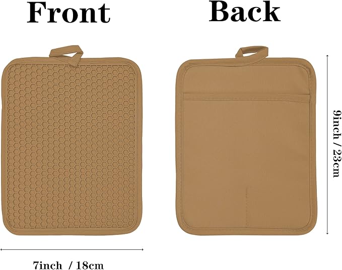 Oven Pot Holder with Pocket Cotton Heat Resistant Coaster Potholder Kitchen Hot Pad Oven Mitts for Cooking and Baking Square 7"x9" (Khaki, Silicone)