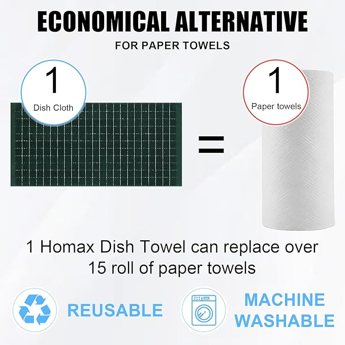 Homaxy 100% Cotton Terry Kitchen Towels(Blackish Green, 13 x 28 inches), Checkered Designed, Soft and Super Absorbent Dish Towels, 4 Pack