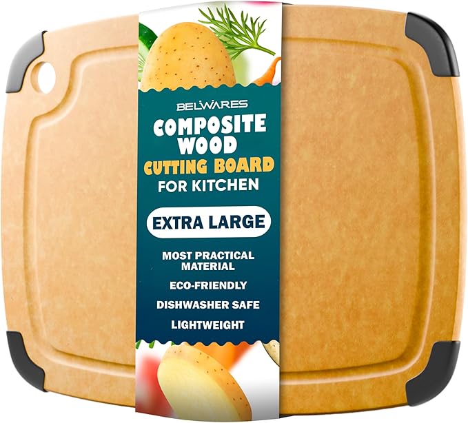 Dishwasher Safe Cutting Boards for Kitchen - Extra Large 18" x 12" Composite Wood Cutting Board with Juice Groove, Non-Slip Feet & Lightweight Eco-Friendly Design - Natural