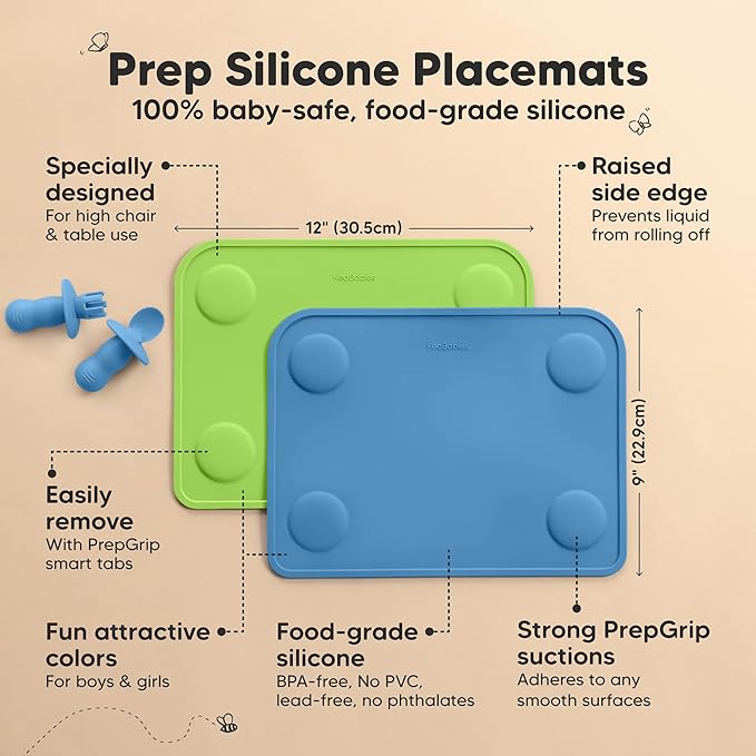 KeaBabies 2pk Silicone Placemats for Toddlers, Kids - 12x9 Non Slip Suction Baby Silicone Placemat for Restaurants, Dining Table,Travel, Easy to Clean, Food Grade/BPA-Free, Small Baby Table Mat (Kea)