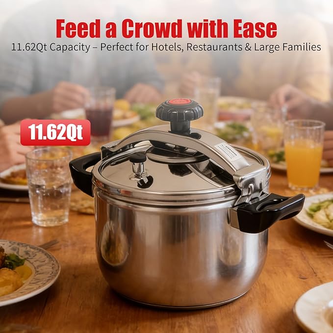 11.62 Qt Pressure Cooker, Stainless Steel Large Capacity Pressure Canner with Double Valves, Clamp On Type Commercial Pressure Stewing Pot for Hotels, Restaurants, Family (11.62 Qt)