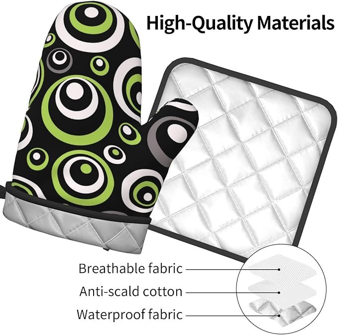 Black Green Retro - Geometric Oven Mitts and Pot Holders Set of 3, Non-Slip Heat Resistant Green and Black White Circle Pattern Kitchen Gloves for Cooking Baking Grilling, Gift for Women, Home Decor