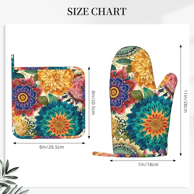 Oven Mitts and Pot Holders Colorful Flower Pattern Boho Silicone Kitchen Accessories Set of 2 Heat Resistant Long Gloves Potholder Non-Slip Grip for Chef Cooking,Baking,Grilling,BBQ