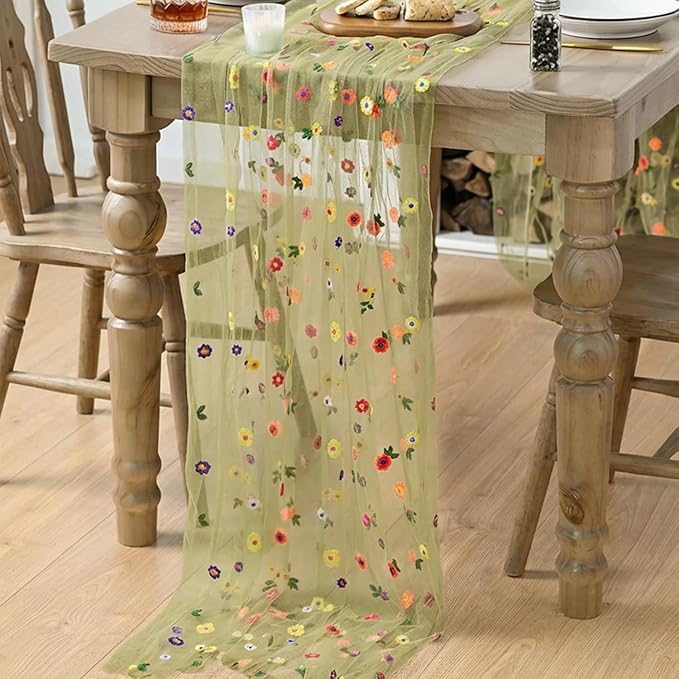 Artoid Mode Fern Green Wildflower Floral Gauze Embroidery Table Runner 120 Inch 10FT, Tulle Seasonal Spring Kitchen Dining Table Decor for Home Party