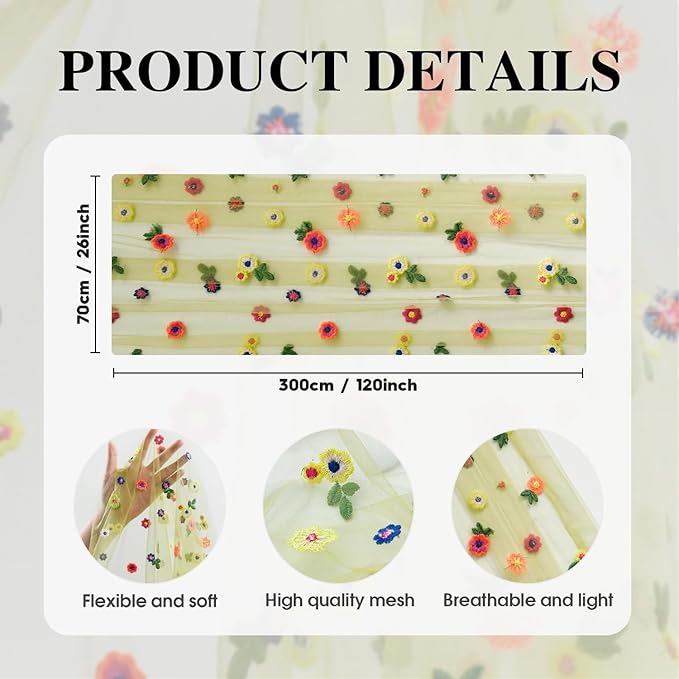 Artoid Mode Fern Green Wildflower Floral Gauze Embroidery Table Runner 120 Inch 10FT, Tulle Seasonal Spring Kitchen Dining Table Decor for Home Party