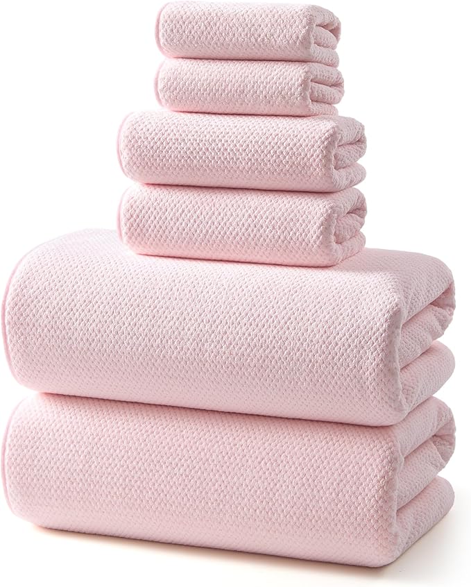 REDKISS 6 Piece Pink Towel Set, Extra Large Microfiber Bathroom Towels Set, 2 Bath, 2 Hand, 4 Washcloths, Super Soft, Highly Absorbent, Quick Dry Pink Towels for Bathroom, Gym, Spa & Hotel