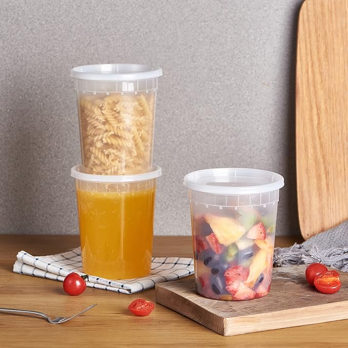Jaluxing 32 oz. Plastic Deli Containers With Lids, 24 Sets - Leakproof, Stackable, BPA Free, Microwavable, Freezer Safe (Formerly FULING)