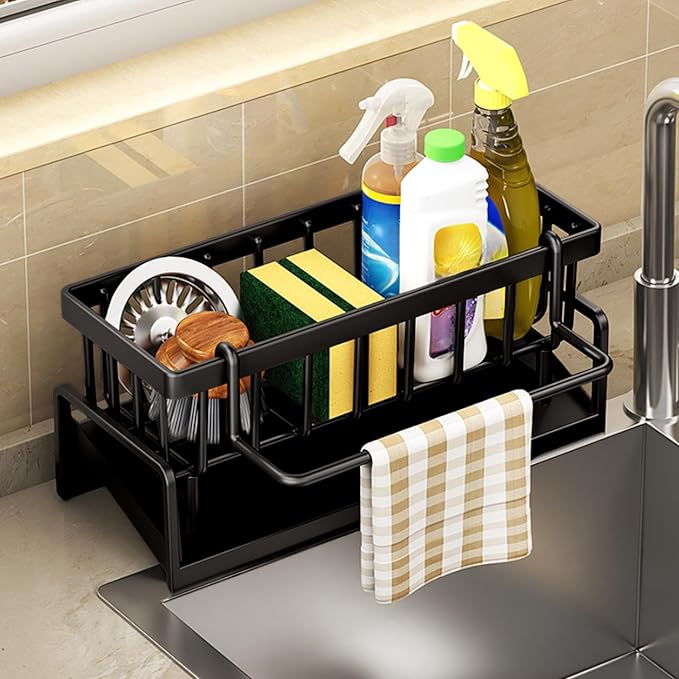 Sponge Kitchen Sink Caddy Organizer Brush Sink Sponge with Auto Draining Tray, Self Drain Dish Soap Caddy, 9.05" Lx4.33 Wx3.93 H (Black,)