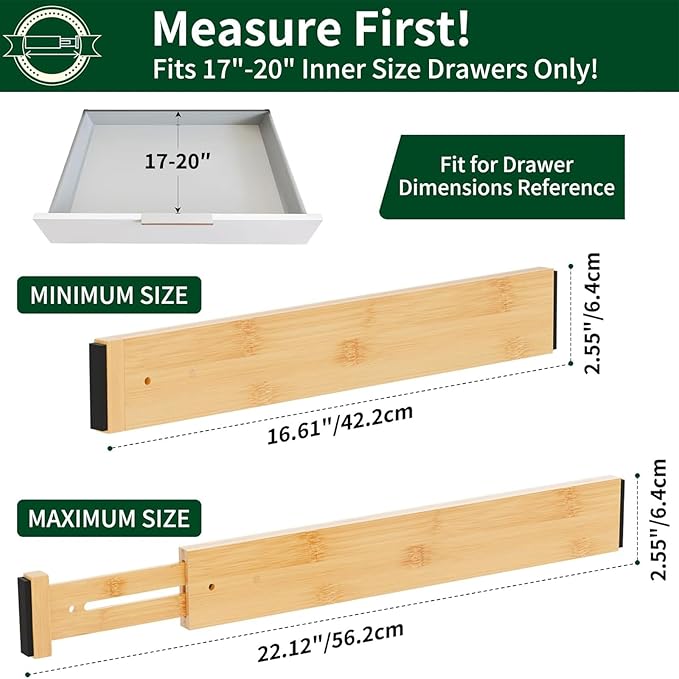 Dunruz 4 Pack Bamboo Drawer Dividers 2.6" High,Adjustable Spring Loaded Clothes Drawer Organizers for Kitchen, Dresser, Bathroom, Bedroom and Office