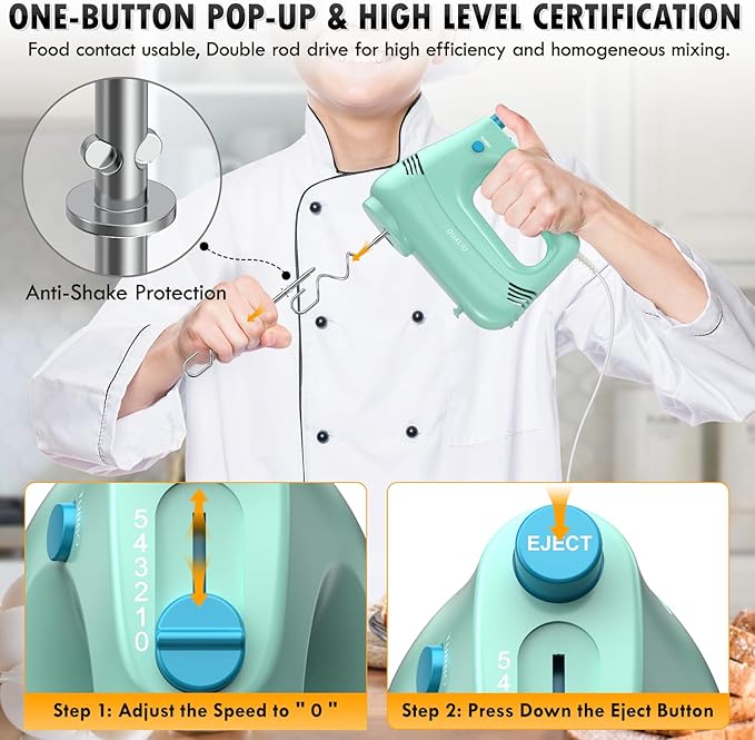 GUALIU Electric Hand Mixer with Stainless Steel Whisk, Dough Hook Attachment and Storage Bag, Handheld Mixer for Baking Cakes, Eggs, Cream Food Mixers. Turbo Boost /5 Speed Kitchen Blender GREEN