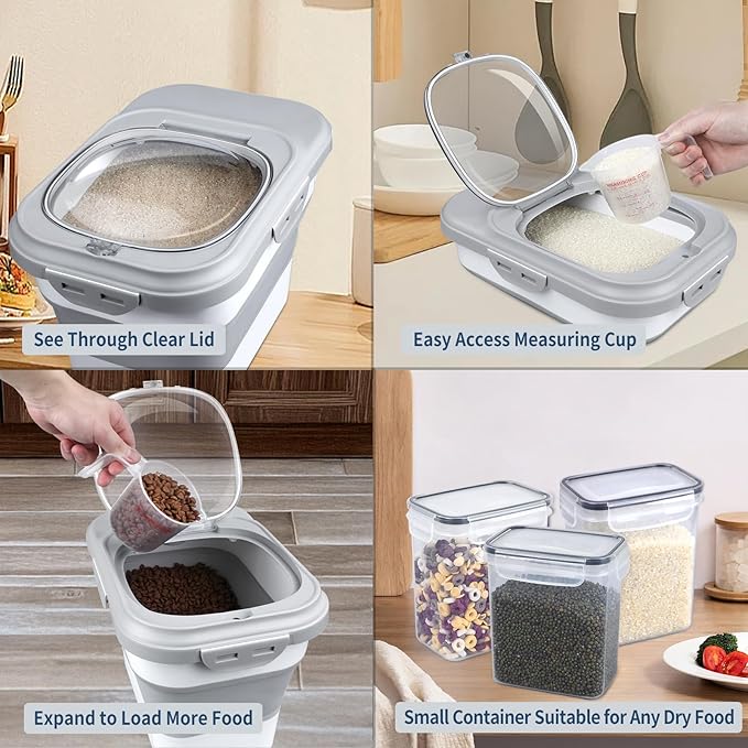 Komzon Rice Storage Container, Collapsible Airtight Food Storage Containers 6-20 Lbs, Rice Dispenser with Measuring Cup and Small Bin for Flour Cereal Pasta Grain, Cat Pet Dog Bird Food Container