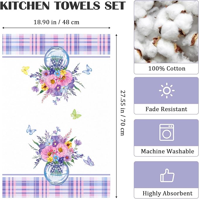 Spring Summer Butterfly Tea Towels, Cotton Kitchen Towel 18.9 × 27.5 inch, Quick Drying Dish Cloth for Party Anniversary Holiday Decoration, Housewarming Gifts for Mom