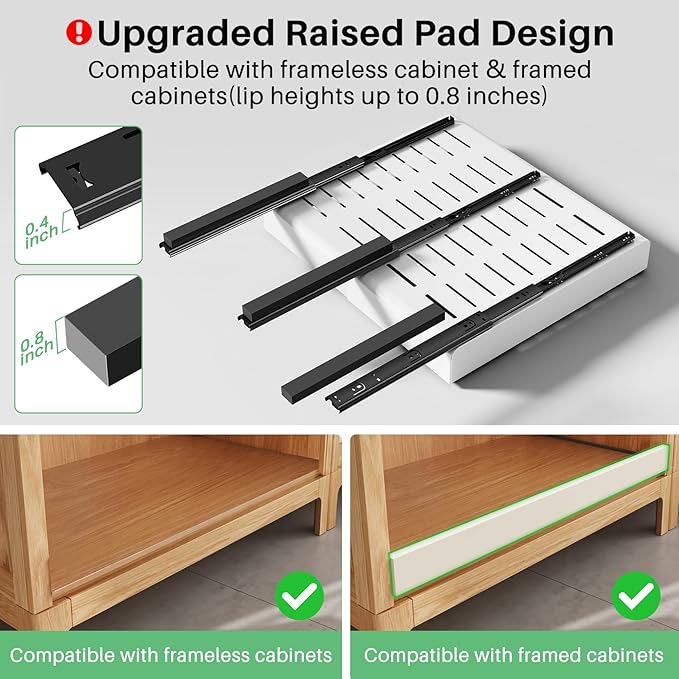 Pull out Cabinet Organizer, 2-pack, Expandable(12"-20") Heavy Duty Slide out Drawers Fixed with Adhesive Nano Film for Pots, Roll out Shelf Storage for Kitchen Base Cabinet Organization(3 Rails)