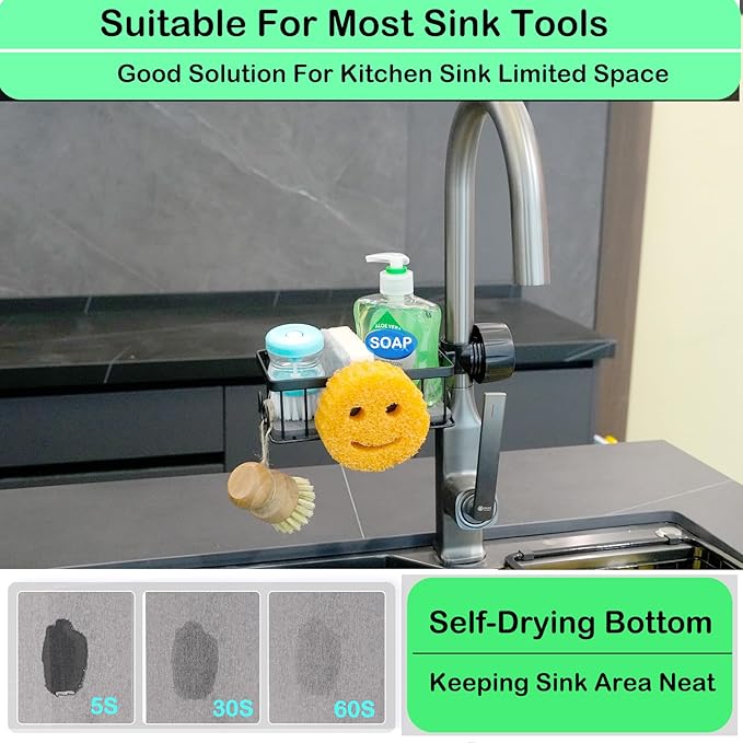 Sponge Holder for Kitchen Sink Smiley Face Sponge Holder Over Faucet - Stainless Steel Sink Caddy Organizer with Quick Stone Drying Mat (Black)