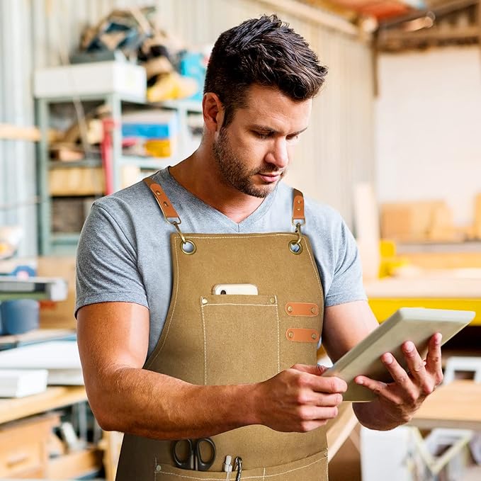 OUNLEN Chef Apron for Men Women Canvas Aprons with 3 Pockets Cross Back Resistant Work Apron for Cooking