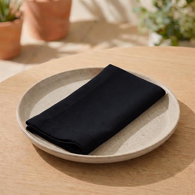 PurpleEssences Set of 12 Hemstitch Cloth Dinner Napkins 100% Cotton - Soft Durable Washable - Ideal for Wedding Spring Easter Summer - Perfect Everyday Use Table Linen 18x18 - Black