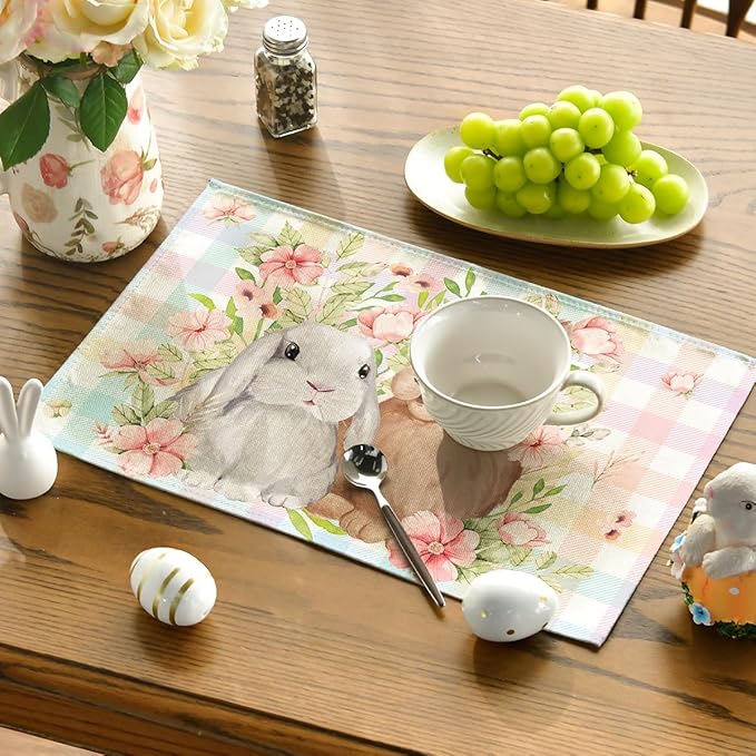 Artoid Mode Bunny Rabbit Flowers Floral Buffalo Plaid Easter Placemats Set of 4, 12x18 Inch Spring Table Mats for Party Kitchen Dining Decoration