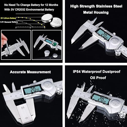 Kynup Digital Caliper, 8 Inch Caliper Measuring Tool with Stainless Steel, IP54 Splash Proof Protection Design, Easy Switch from Inch Metric Fraction, Large LCD Screen (200mm)