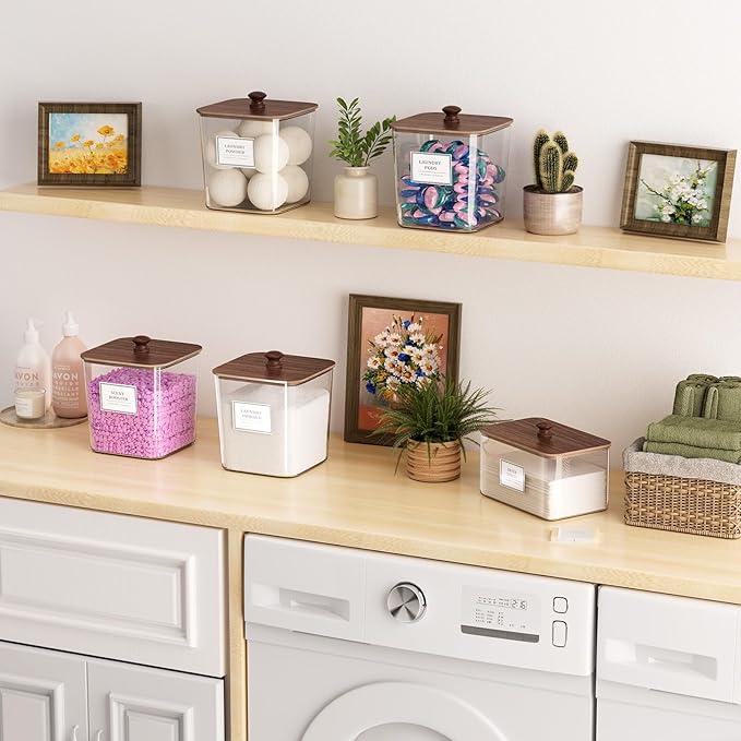 Laundry Pods Storage Container, Clear Laundry Room Organization and Storage,Detergent Powder Container,with Wooden Lids & Labels, 3+1 Pack（Dark Brown）