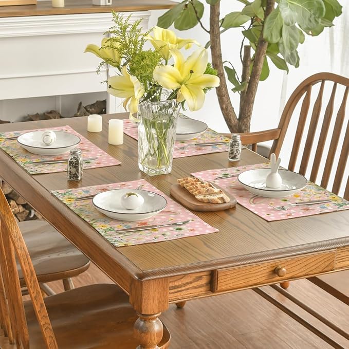 Artoid Mode Pink Bunny Polka Dot Easter Placemats Set of 4, 12x18 Inch Flower Seasonal Spring Holiday Table Mats for Party Kitchen Dining Decoration