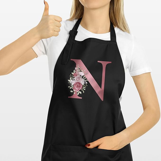 ROKO CLOTHING Personalized Initials Apron with Pockets Custom Kitchen Aprons Women for Baking Cooking Adjustable Neck Waist