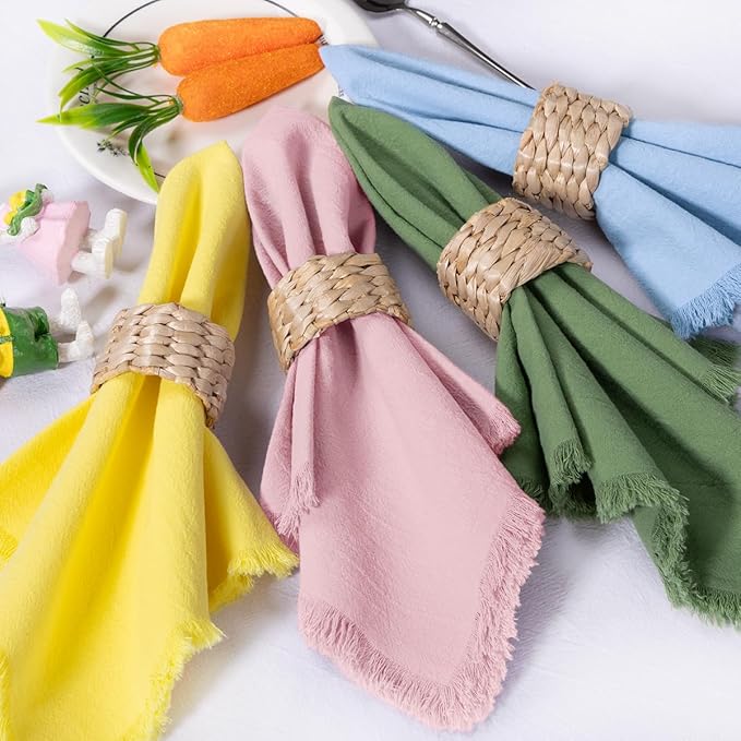 DeZerlor 12 Pack Easter Color Cotton Linen Napkins with Fringe Easter Spring Cloth Napkins Set of 6 12 Boho Handmade Dinner Napkins Bulk for Wedding Bridal Baby Boy Shower Parties, 17 x 17