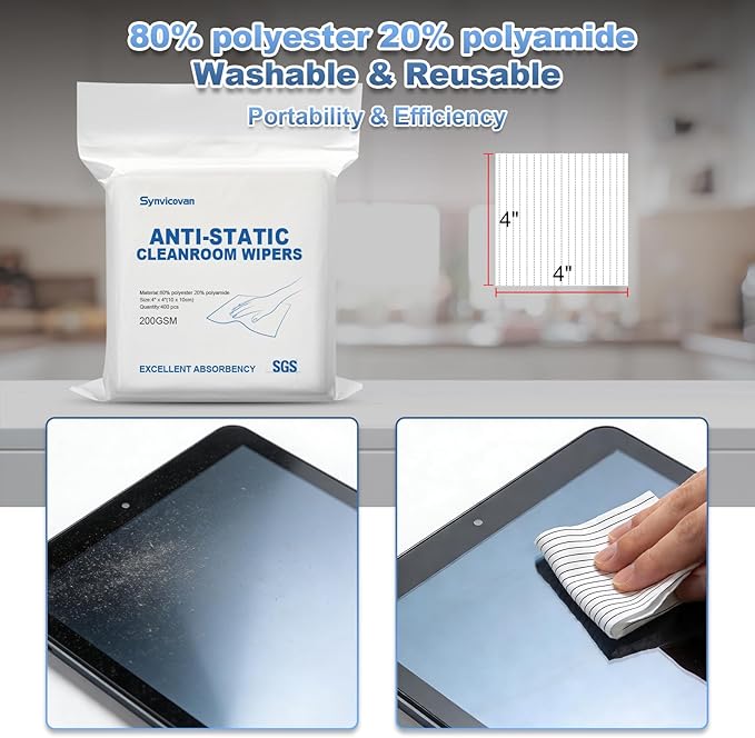 Anti-Static Microfiber Wipes 4"x4"(400 Pcs,Class 100, 200GSM) Lint Free Cloths Reusable Special ESD protection design is suitable for protecting sensitive electronic components and tools