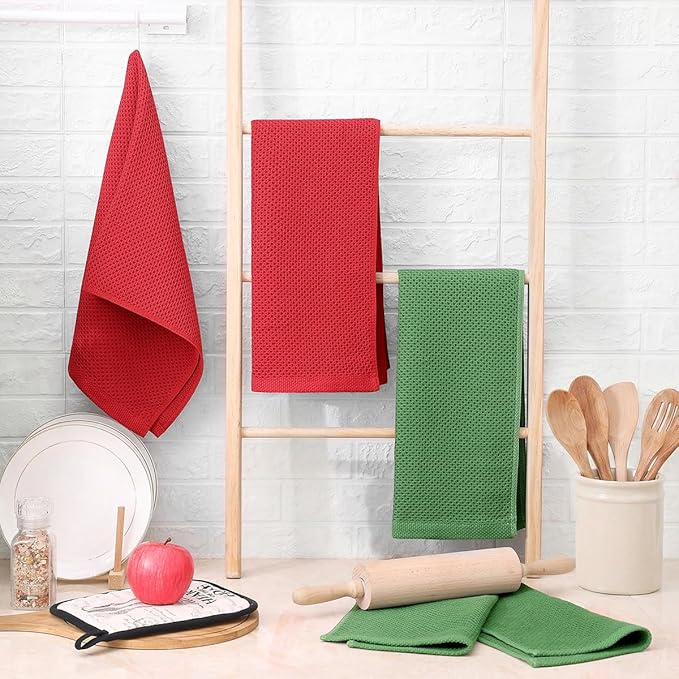 Homaxy 100% Cotton Waffle Weave Kitchen Towels, 3-Pack Ultra Soft Absorbent Dish Towels, Quick Drying Cleaning Towels, 13 x 28 Inches, Grass Green