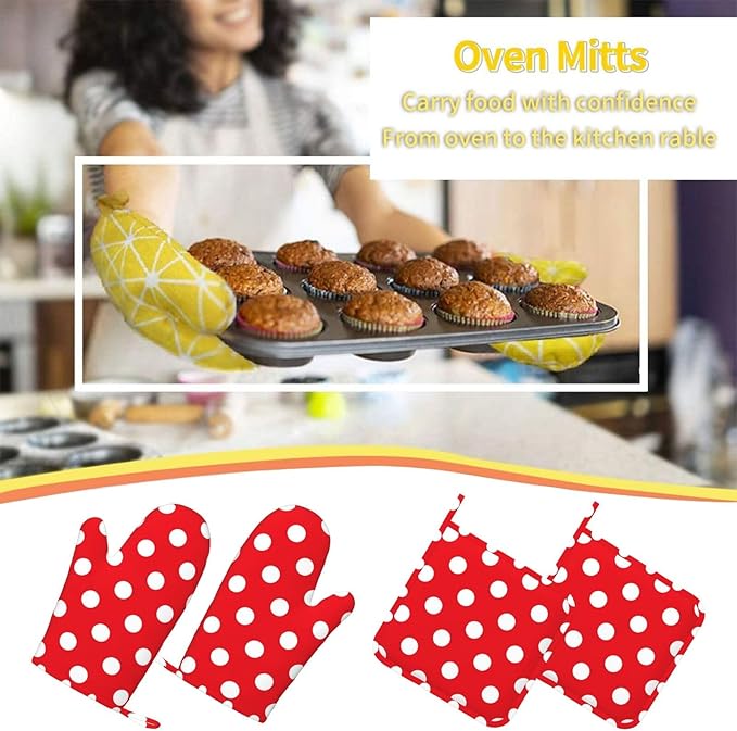 Red and White Polka Dot Oven Mitts and Pot Holders Sets of 4, Heat Resistant Silicone Oven Mittens and Potholders Gloves Hot Pads for Kitchen Cooking Baking Grilling BBQ Chef