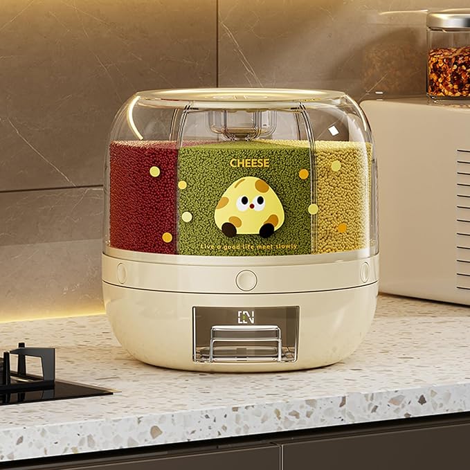 Rice Dispenser | 360° Rotating Grain Storage Bin - 6 Grids, 20LBS Large Capacity Food Container, Moisture-Proof, One-Click Output for Rice, Beans & Pet Food (Decorative Print)