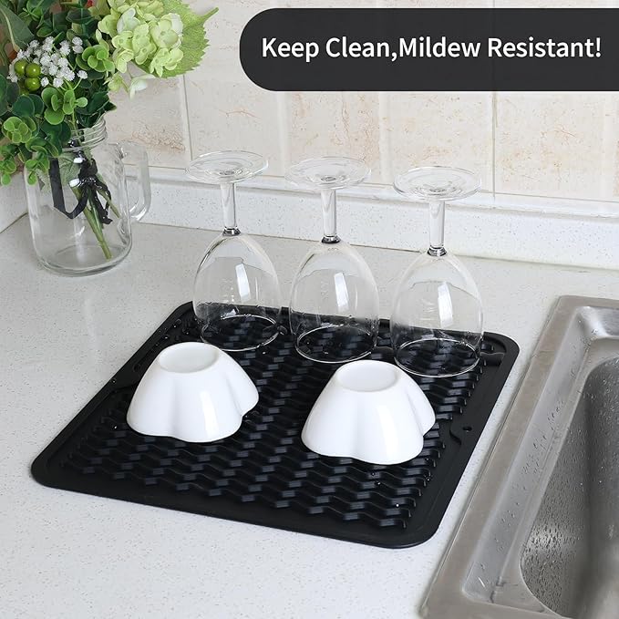ZLR 2 Pcs Silicone Dish Drying Mat 12" x 12" Square - Small Heat Resistant Trivet & Countertop Protector for Air Fryer, Coffee Maker - Waterproof Kitchen Drain Pad for Cups, Fruit (Black)