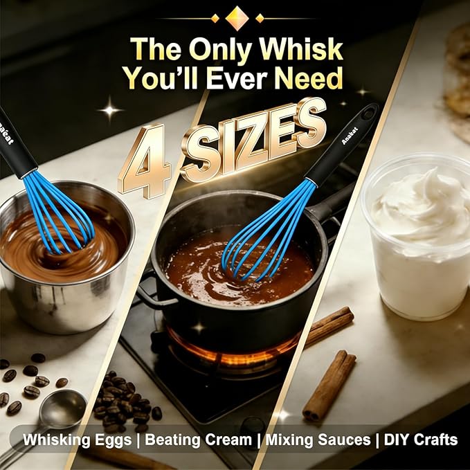 Anaeat Silicone Kitchen Whisk Set of 4, Perfect for Non-Stick Cookware, Milk and Egg Beater Blender for Whisking, Cooking, Baking, Beating - 11'' Flat Whisk and 9''+11''+12'' Balloon Whisks (Blue)