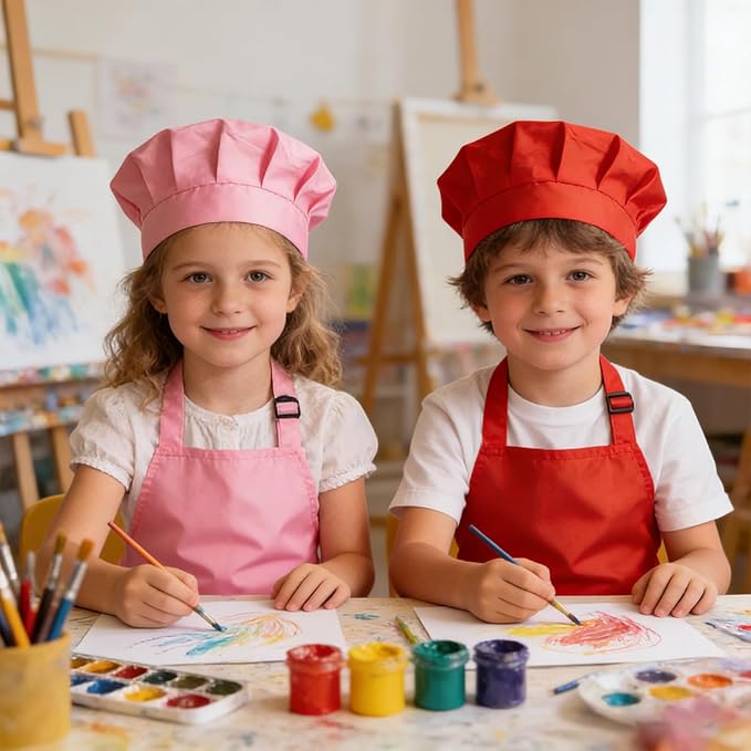 Kids Apron and Chef Hat Set Adjustable Child Aprons with 2 Large Pockets for Girls Boys Cooking Baking Painting Gift