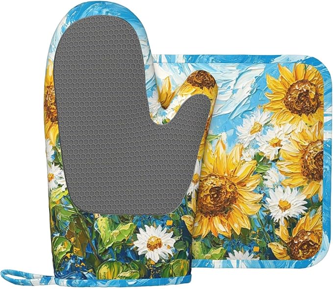 Oven Mitts and Pot Holders Sunflower Daisy Flower Art Silicone Kitchen Accessories Set of 2 Heat Resistant Long Gloves Potholder Non-Slip Grip for Chef Cooking,Baking,Grilling,BBQ