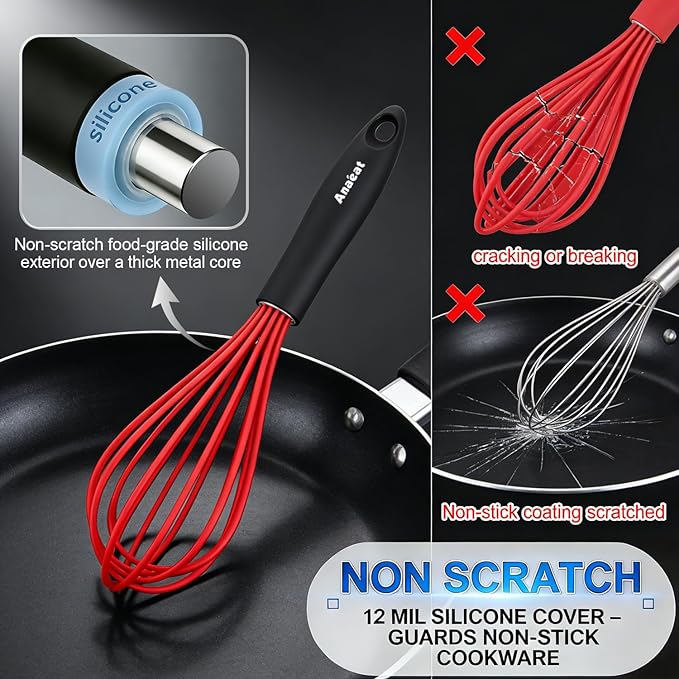Anaeat Silicone Balloon Whisk, Perfect for Non-Stick Cookware, Milk and Egg Beater Blender, Heat Resistant Kitchen Whisks for Whisking, Cooking, Baking, Beating, Frothing & Stirring (Multicolor)