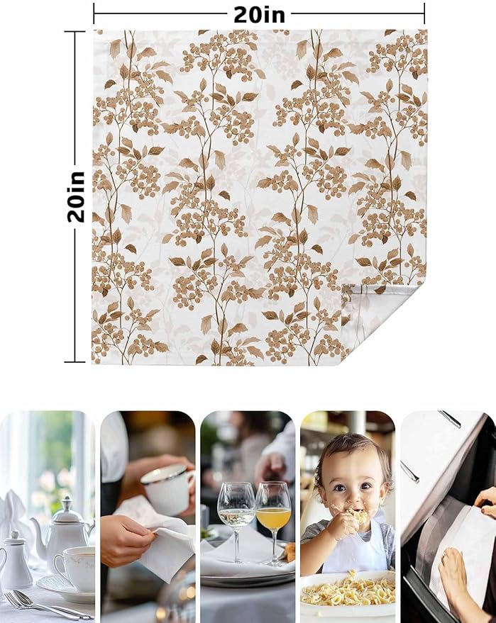 Brown Flower Cloth Napkins Set of 6 - Washable Dinner Napkins Reusable Table Napkins for Home Party Weeding Dining Table Setting Decoration,Oversized Spring Summer Retro Garden Herb Pastel Plant