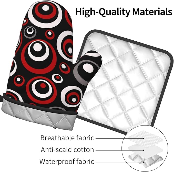 Retro Red Circles Oven Mitt and Pot Holder Set (3-Piece) - Heat Resistant Non-Slip Modern Geometric Gloves Gift for Chef Cooking Baking Grilling BBQ Lovers, Stylish Kitchen Decor, Red White Black Grey