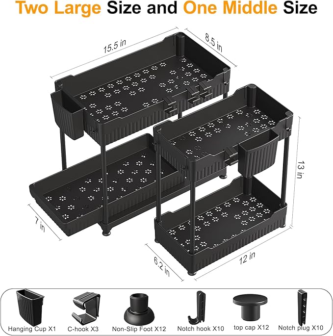 Sevenblue 3 Pack Under Sink Organizers,2-Tier Multi-Use Kitchen and Bathroom Organizers and Storage with Sliding Drawers,Bathroom Cabinet Organizer (Black,12.8 Inch)