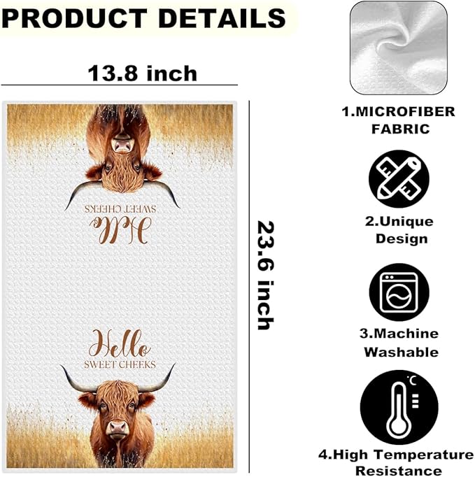 Blue Leaves 2 Pcs Highland Cow Kitchen Towels, Absorbent Soft Microfiber Towel for Bathroom Kitchen, Tea Towel Hand Towels, Dish Cloths for Washing Dishes, Farmhouse Cow Lover Gifts for Women Friend