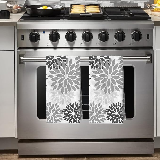 Artoid Mode Grey Dahlia Floral Bar Kitchen Towels, 12x24 Inch Quick Dry Microfiber Cloth Dish Towels for Kitchen Drying Set of 2
